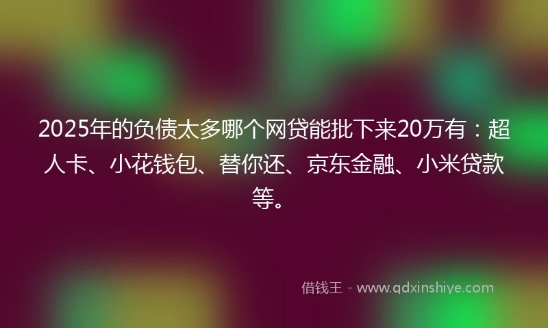2025年的负债太多哪个网贷能批下来20万有：超人卡、小花钱包、替你还、京东金融、小米贷款等。