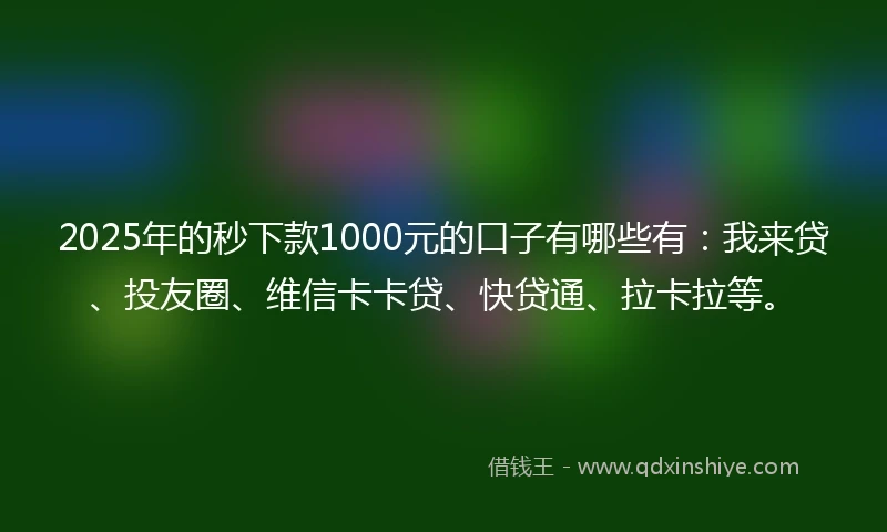 2025年的秒下款1000元的口子有哪些有：我来贷、投友圈、维信卡卡贷、快贷通、拉卡拉等。
