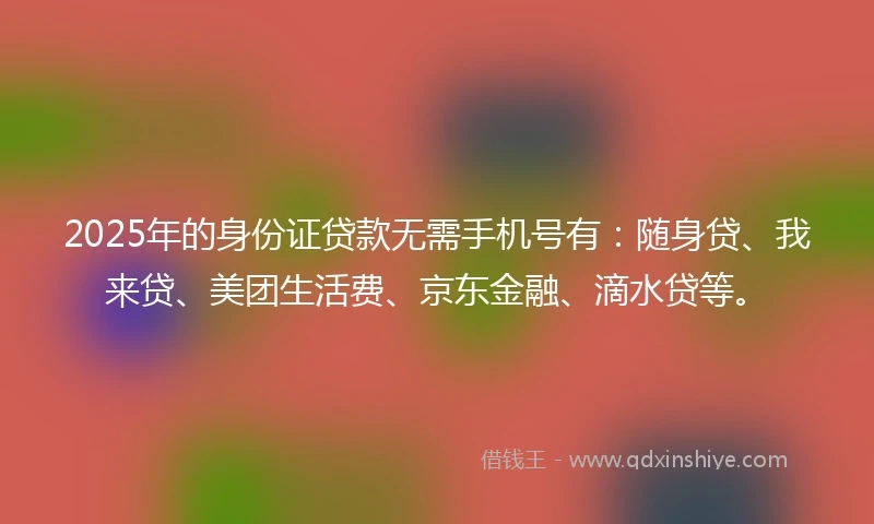 2025年的身份证贷款无需手机号有：随身贷、我来贷、美团生活费、京东金融、滴水贷等。