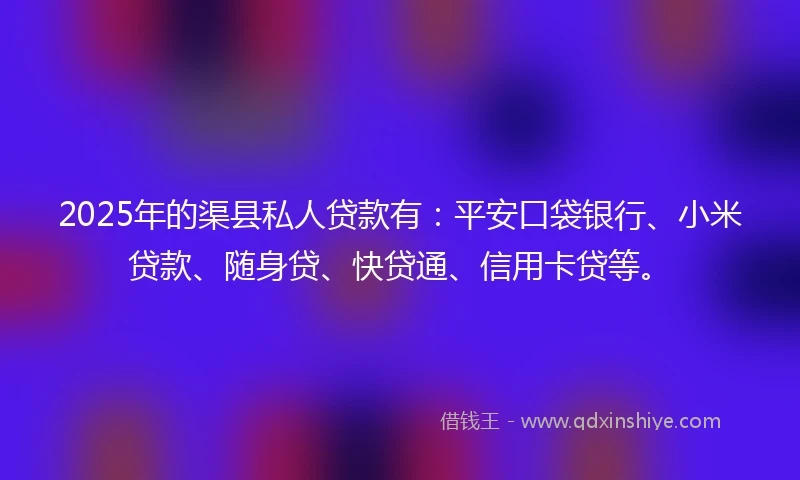 2025年的渠县私人贷款有:平安口袋银行、小米贷款、随身贷、快贷通、信用卡贷等。