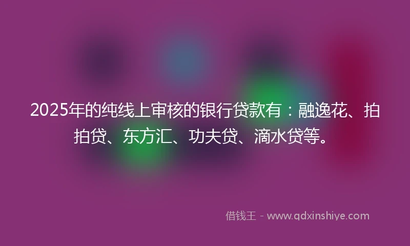 2025年的纯线上审核的银行贷款有：融逸花、拍拍贷、东方汇、功夫贷、滴水贷等。