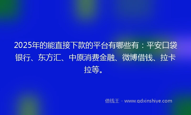 2025年的能直接下款的平台有哪些有：平安口袋银行、东方汇、中原消费金融、微博借钱、拉卡拉等。