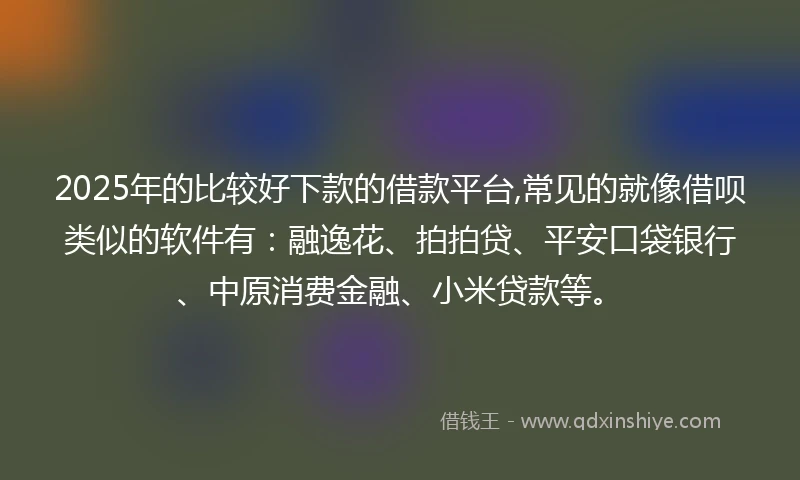 2025年的比较好下款的借款平台,常见的就像借呗类似的软件有：融逸花、拍拍贷、平安口袋银行、中原消费金融、小米贷款等。