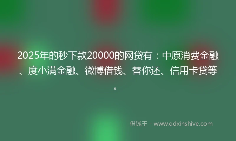 2025年的秒下款20000的网贷有：中原消费金融、度小满金融、微博借钱、替你还、信用卡贷等。