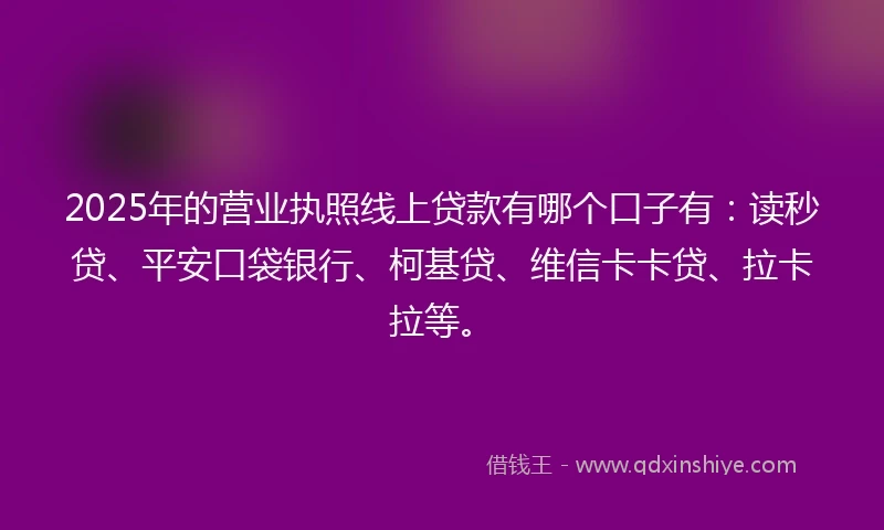 2025年的营业执照线上贷款有哪个口子有:读秒贷、平安口袋银行、柯基贷、维信卡卡贷、拉卡拉等。