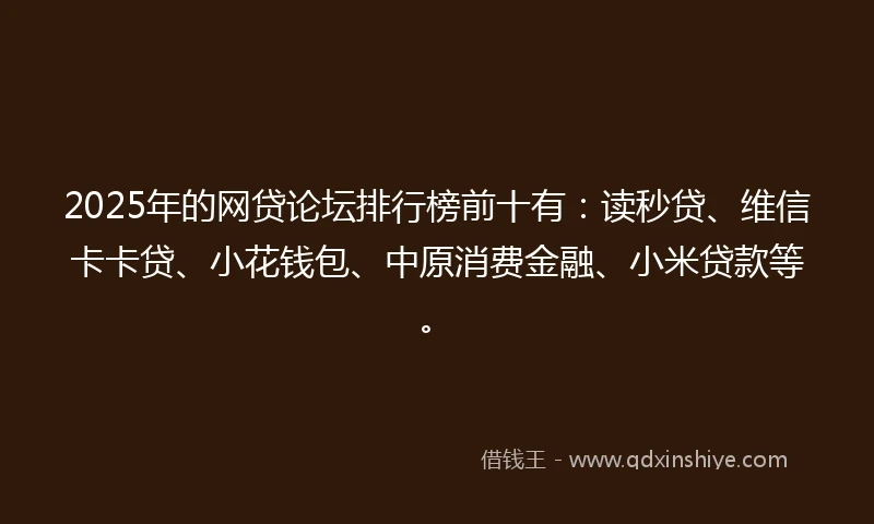 2025年的网贷论坛排行榜前十有：读秒贷、维信卡卡贷、小花钱包、中原消费金融、小米贷款等。