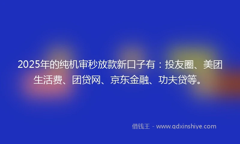 2025年的纯机审秒放款新口子有：投友圈、美团生活费、团贷网、京东金融、功夫贷等。