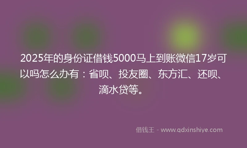 2025年的身份证借钱5000马上到账微信17岁可以吗怎么办有：省呗、投友圈、东方汇、还呗、滴水贷等。