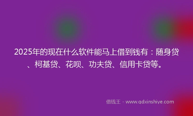 2025年的现在什么软件能马上借到钱有：随身贷、柯基贷、花呗、功夫贷、信用卡贷等。