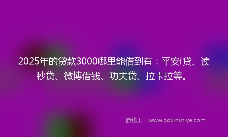 2025年的贷款3000哪里能借到有：平安i贷、读秒贷、微博借钱、功夫贷、拉卡拉等。