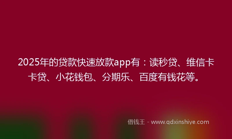 2025年的贷款快速放款app有：读秒贷、维信卡卡贷、小花钱包、分期乐、百度有钱花等。
