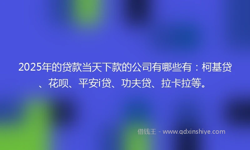 2025年的贷款当天下款的公司有哪些有：柯基贷、花呗、平安i贷、功夫贷、拉卡拉等。