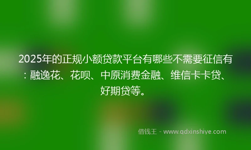 2025年的正规小额贷款平台有哪些不需要征信有：融逸花、花呗、中原消费金融、维信卡卡贷、好期贷等。