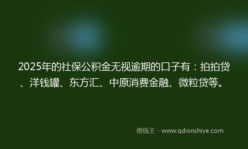 2025年的社保公积金无视逾期的口子有：拍拍贷、洋钱罐、东方汇、中原消费金融、微粒贷等。