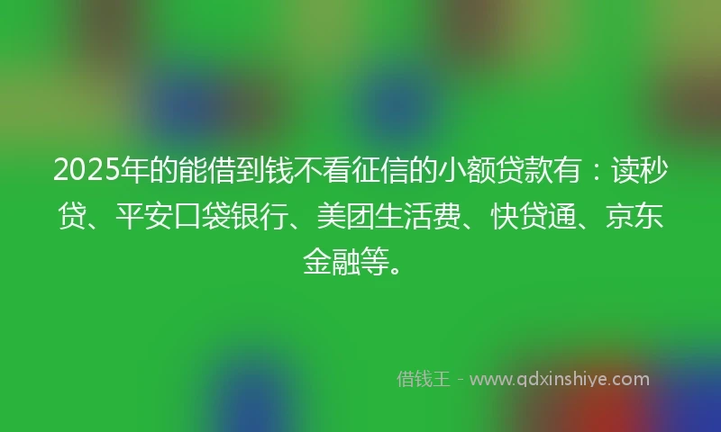 2025年的能借到钱不看征信的小额贷款有：读秒贷、平安口袋银行、美团生活费、快贷通、京东金融等。