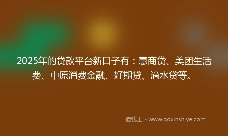 2025年的贷款平台新口子有：惠商贷、美团生活费、中原消费金融、好期贷、滴水贷等。