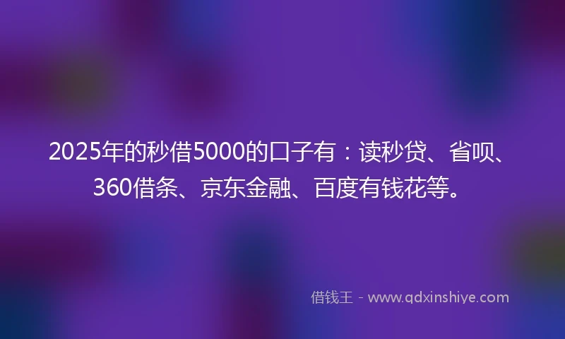 2025年的秒借5000的口子有：读秒贷、省呗、360借条、京东金融、百度有钱花等。