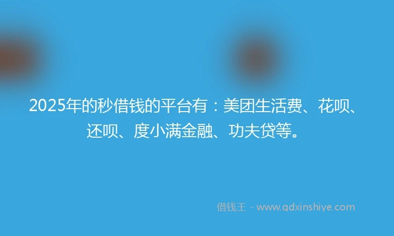 2025年的秒借钱的平台有：美团生活费、花呗、还呗、度小满金融、功夫贷等。