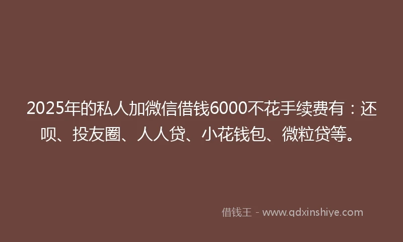 2025年的私人加微信借钱6000不花手续费有：还呗、投友圈、人人贷、小花钱包、微粒贷等。