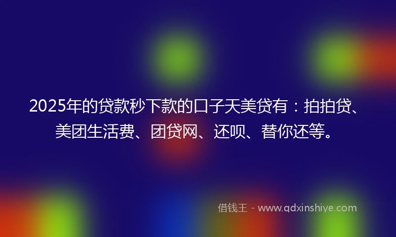 2025年的贷款秒下款的口子天美贷有：拍拍贷、美团生活费、团贷网、还呗、替你还等。