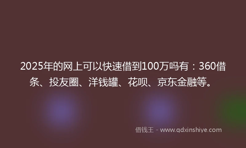 2025年的网上可以快速借到100万吗有：360借条、投友圈、洋钱罐、花呗、京东金融等。