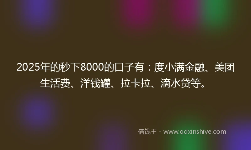 2025年的秒下8000的口子有：度小满金融、美团生活费、洋钱罐、拉卡拉、滴水贷等。