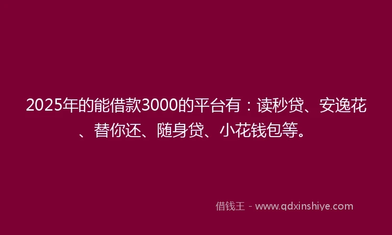 2025年的能借款3000的平台有：读秒贷、安逸花、替你还、随身贷、小花钱包等。