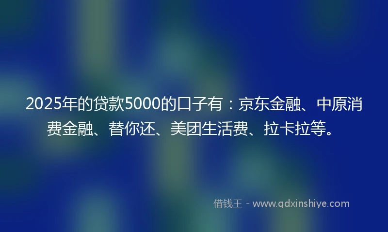 2025年的贷款5000的口子有:京东金融、中原消费金融、替你还、美团生活费、拉卡拉等。
