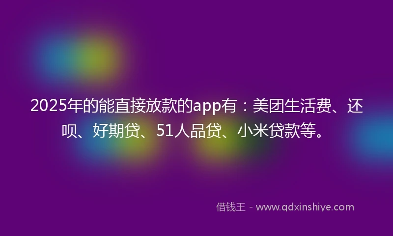2025年的能直接放款的app有：美团生活费、还呗、好期贷、51人品贷、小米贷款等。