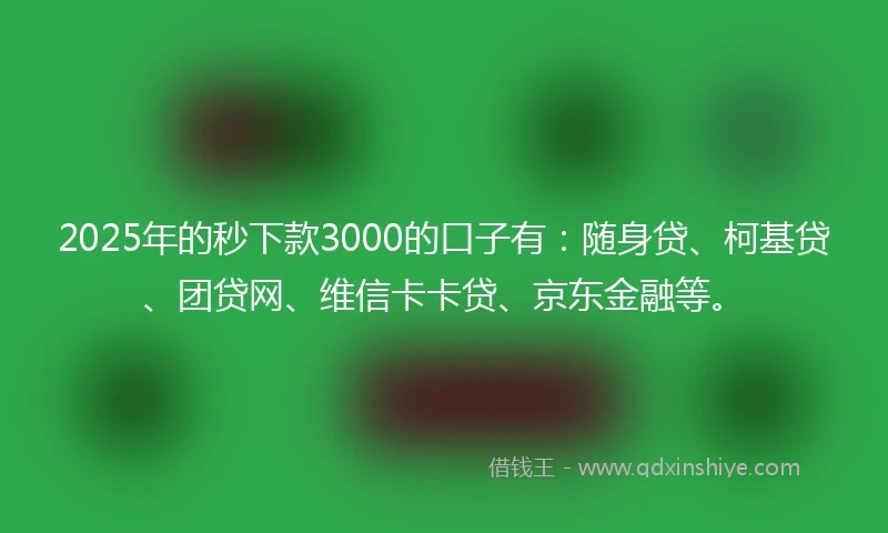 2025年的秒下款3000的口子有：随身贷、柯基贷、团贷网、维信卡卡贷、京东金融等。