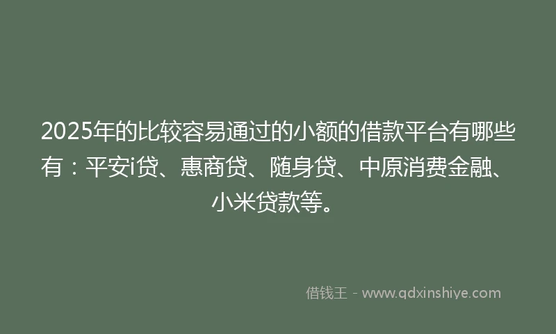 2025年的比较容易通过的小额的借款平台有哪些有：平安i贷、惠商贷、随身贷、中原消费金融、小米贷款等。