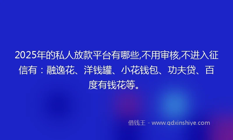 2025年的私人放款平台有哪些,不用审核,不进入征信有：融逸花、洋钱罐、小花钱包、功夫贷、百度有钱花等。