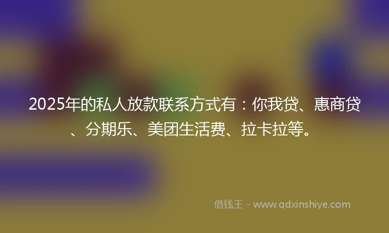 2025年的私人放款联系方式有：你我贷、惠商贷、分期乐、美团生活费、拉卡拉等。