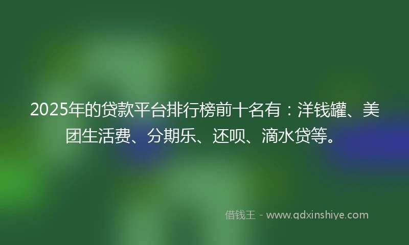 2025年的贷款平台排行榜前十名有：洋钱罐、美团生活费、分期乐、还呗、滴水贷等。