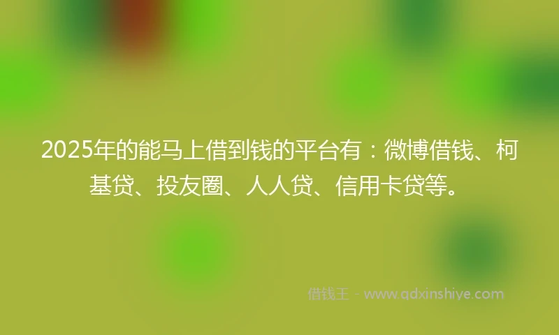 2025年的能马上借到钱的平台有：微博借钱、柯基贷、投友圈、人人贷、信用卡贷等。