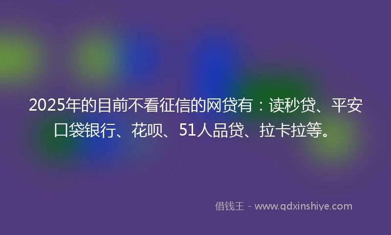 2025年的目前不看征信的网贷有：读秒贷、平安口袋银行、花呗、51人品贷、拉卡拉等。
