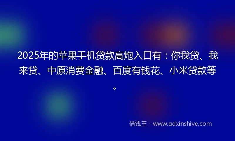 2025年的苹果手机贷款高炮入口有：你我贷、我来贷、中原消费金融、百度有钱花、小米贷款等。