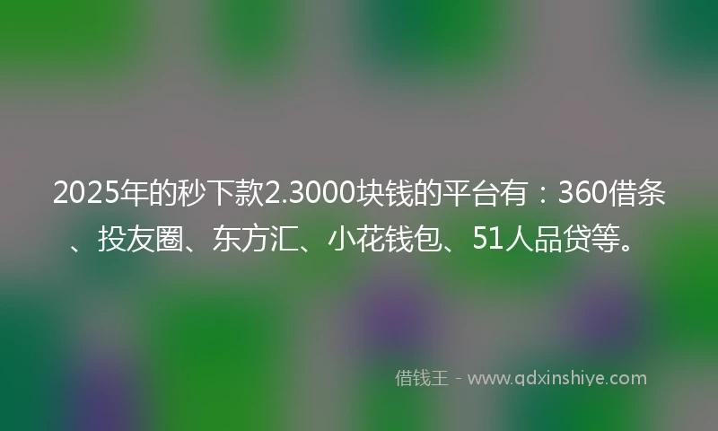 2025年的秒下款2.3000块钱的平台有：360借条、投友圈、东方汇、小花钱包、51人品贷等。