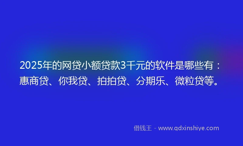 2025年的网贷小额贷款3千元的软件是哪些有：惠商贷、你我贷、拍拍贷、分期乐、微粒贷等。