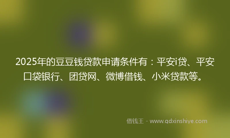 2025年的豆豆钱贷款申请条件有：平安i贷、平安口袋银行、团贷网、微博借钱、小米贷款等。