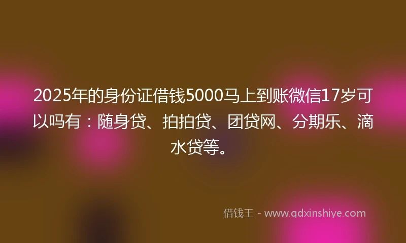 2025年的身份证借钱5000马上到账微信17岁可以吗有：随身贷、拍拍贷、团贷网、分期乐、滴水贷等。