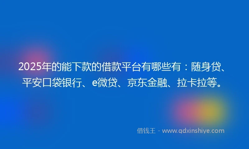 2025年的能下款的借款平台有哪些有：随身贷、平安口袋银行、e微贷、京东金融、拉卡拉等。