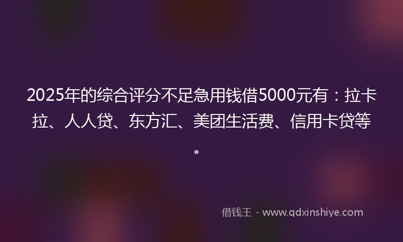 2025年的综合评分不足急用钱借5000元有：拉卡拉、人人贷、东方汇、美团生活费、信用卡贷等。
