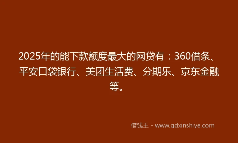 2025年的能下款额度最大的网贷有：360借条、平安口袋银行、美团生活费、分期乐、京东金融等。
