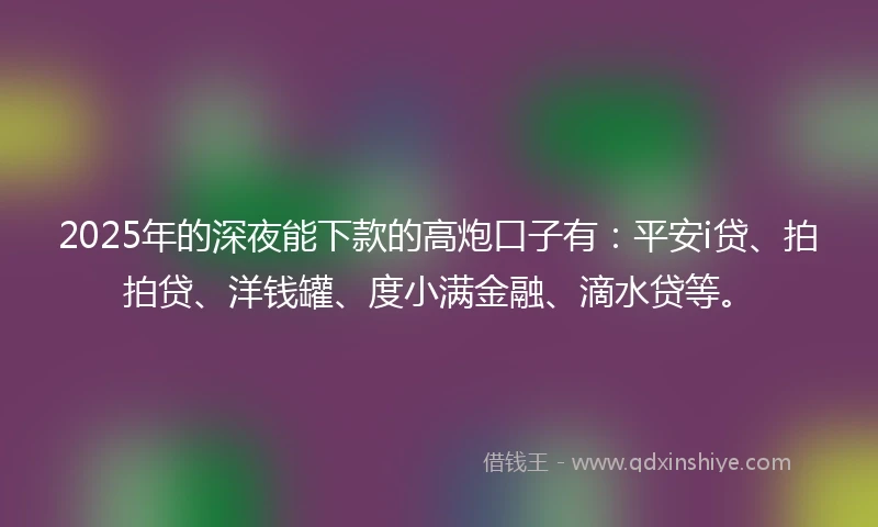 2025年的深夜能下款的高炮口子有：平安i贷、拍拍贷、洋钱罐、度小满金融、滴水贷等。