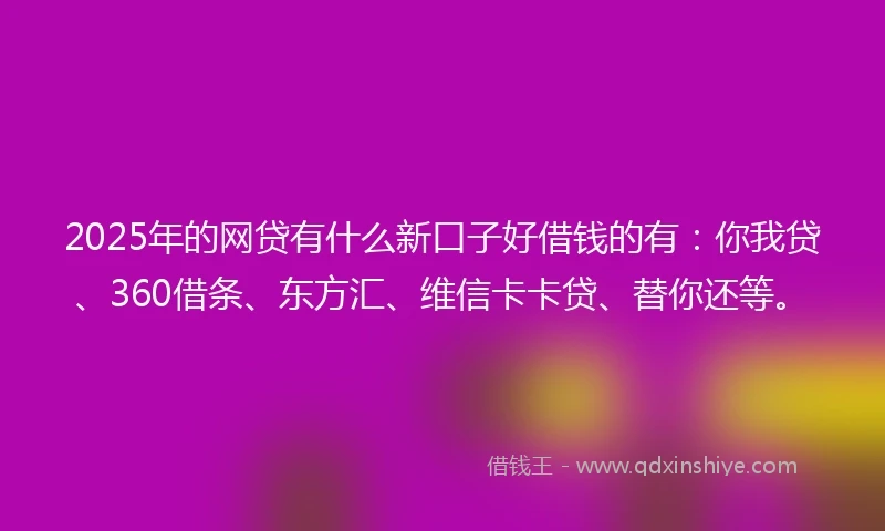 2025年的网贷有什么新口子好借钱的有：你我贷、360借条、东方汇、维信卡卡贷、替你还等。