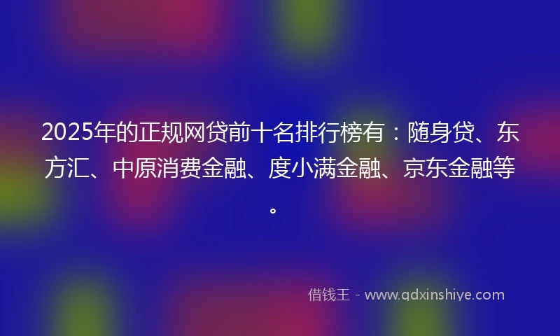 2025年的正规网贷前十名排行榜有：随身贷、东方汇、中原消费金融、度小满金融、京东金融等。