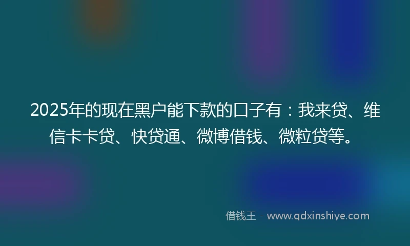 2025年的现在黑户能下款的口子有：我来贷、维信卡卡贷、快贷通、微博借钱、微粒贷等。