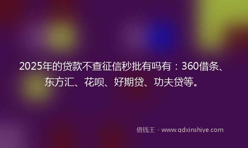2025年的贷款不查征信秒批有吗有：360借条、东方汇、花呗、好期贷、功夫贷等。