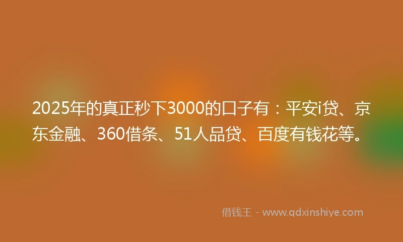 2025年的真正秒下3000的口子有：平安i贷、京东金融、360借条、51人品贷、百度有钱花等。